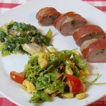 Ibericofilet & Estragon in Serranoschinken mit sahniger Mangold-Pilzpfanne und Salat