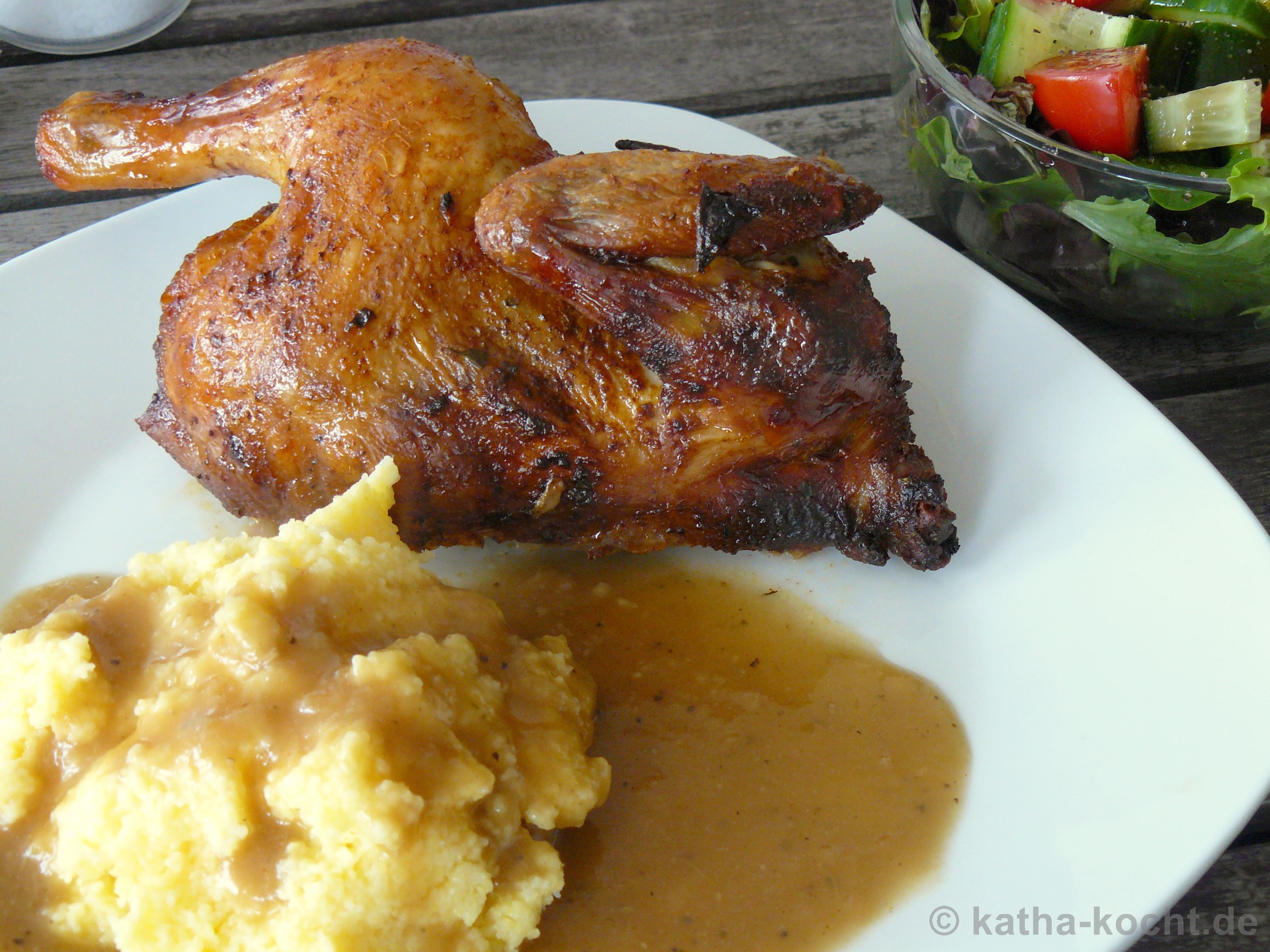 Rhabarber-Spargel Brathähnchen mit Polenta und Salat