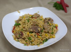 Kritharaki mit Schweinefilet und Chili