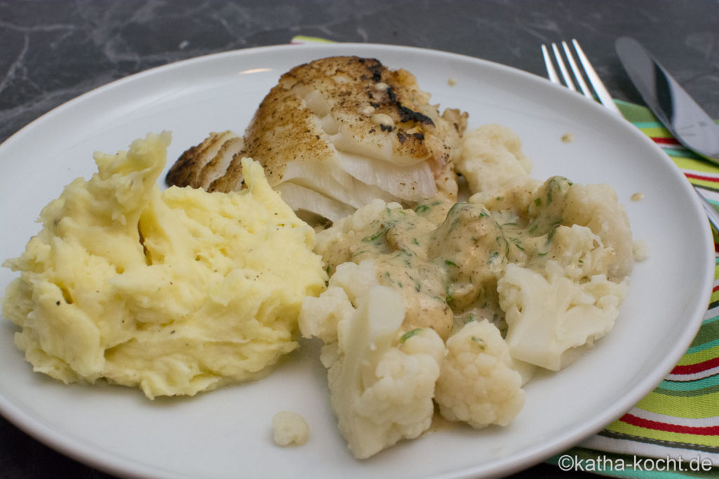 Kabeljau mit Blumenkohl und Kartoffelpüree