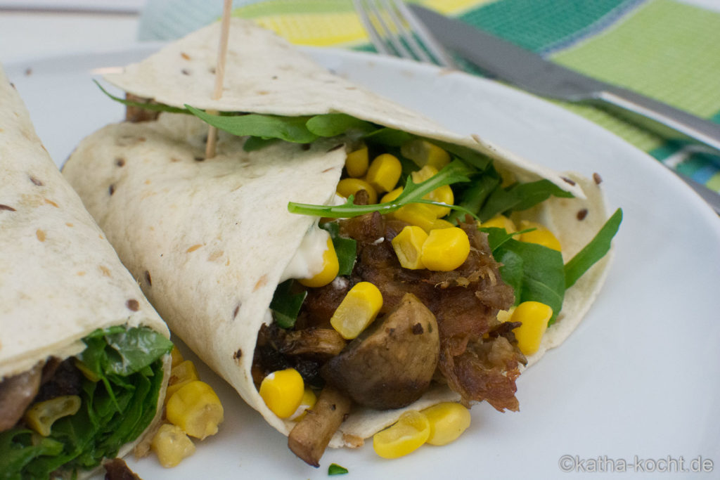 Pullde Pork Wraps mit Mais und Rucola