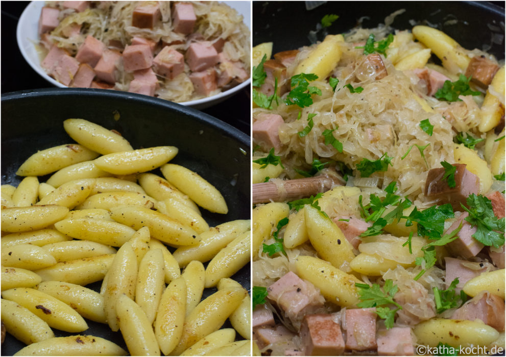 Schupfnudelpfanne mit Sauerkraut und Leberkäse