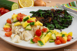 Kabeljau mit Belugalinsen und Mangosalat Kabeljau mit Belugalinsen und Mangosalat
