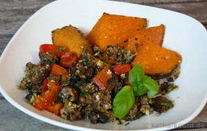 Gebackene Süßkartoffelspalten und eine Hackfleisch-Gemüse Pfanne