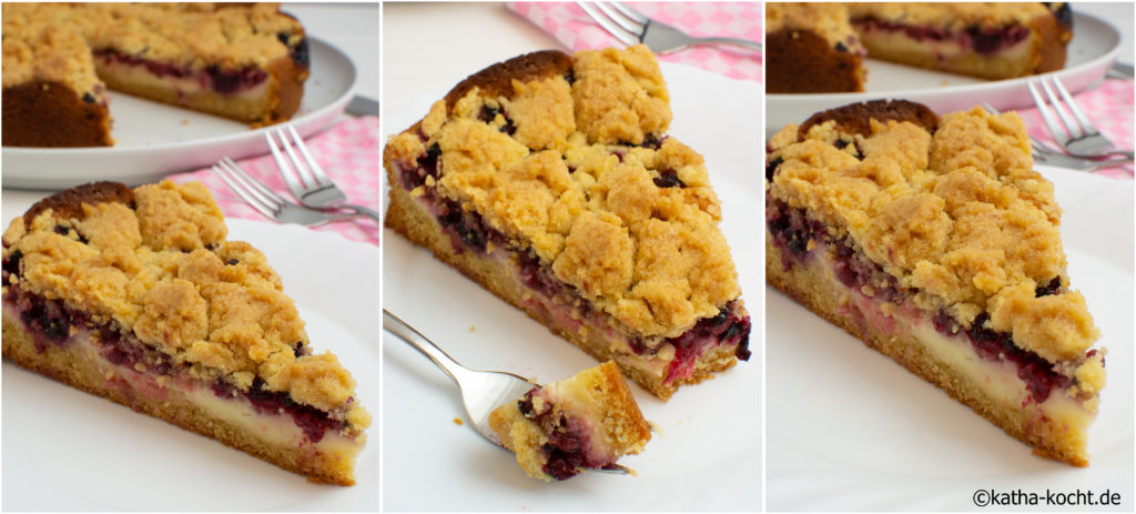 Streuselkuchen mit Pudding und Beeren