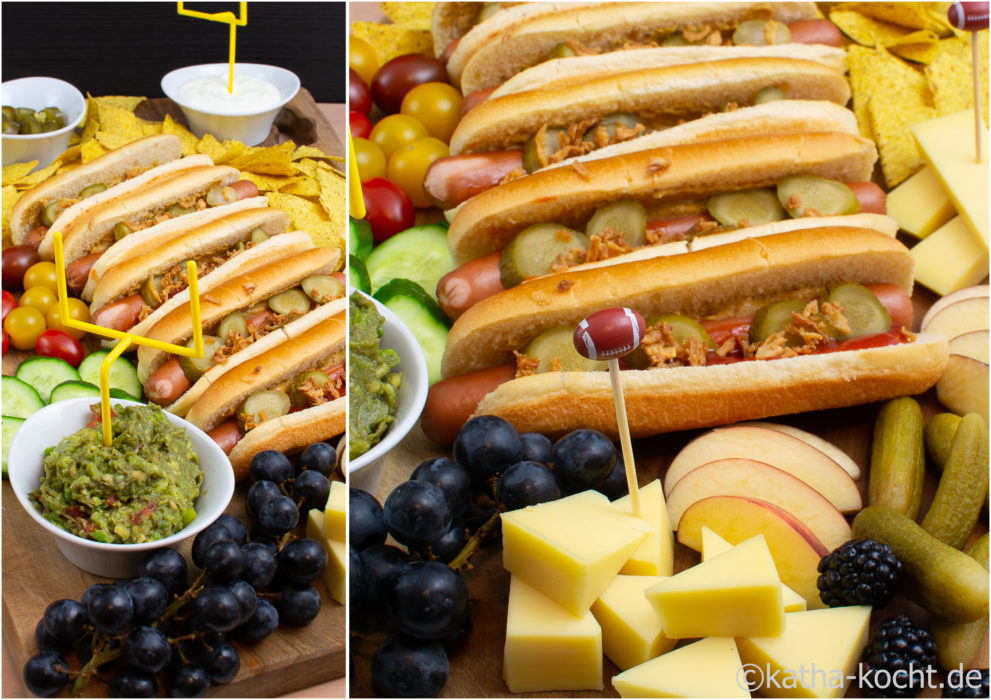 Hot Dog Charcuterieplatte mit klassischen Hot Dogs, Nachos, Dips, Käse und jeder Menge Obst und Gemüse