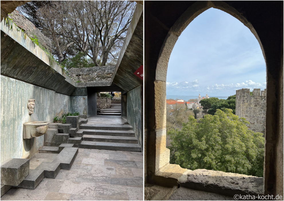 Blick durch ein historisches Fenster auf Lissabon